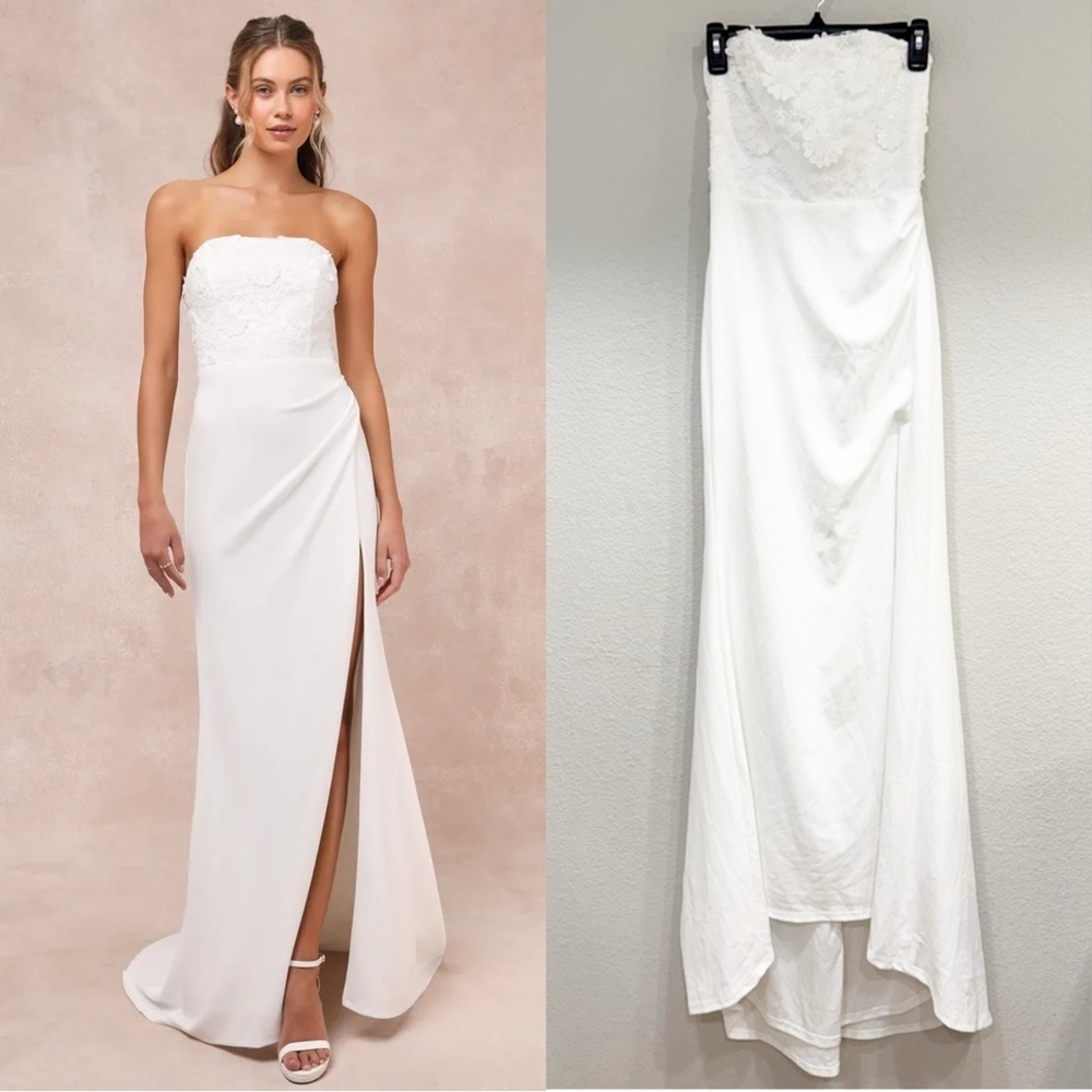 NWOT Lulus Refined Glow White 3D Embroidered Sequin Strapless Maxi‎ Dress
